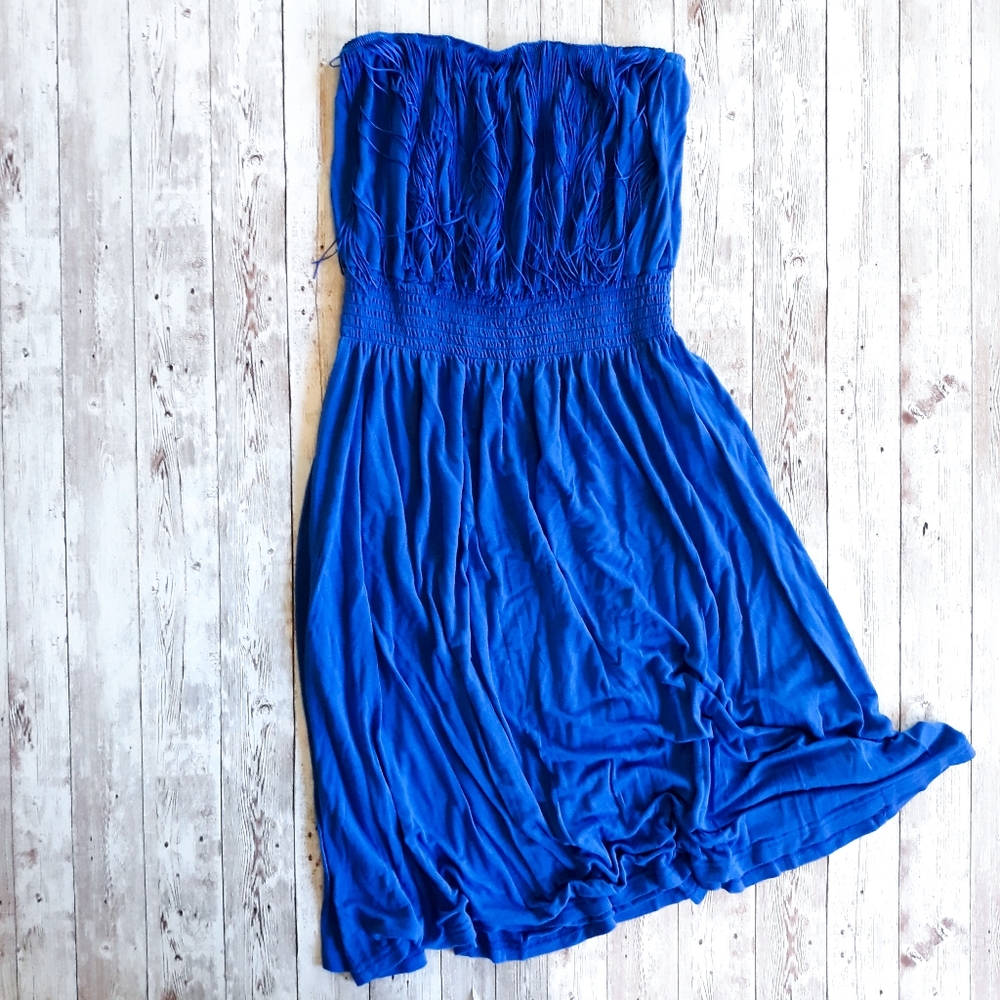 Blue Fringed Strapless Cinched Waist Mini Dress